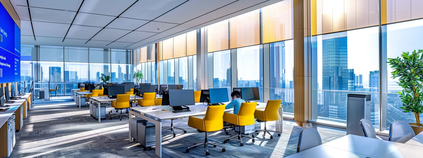 a sleek, modern office environment with vibrant natural light filtering through large windows, showcasing a secure workspace where employees are engaged in a dynamic training session on cheque security practices, surrounded by digital devices displaying mobile banking apps.
