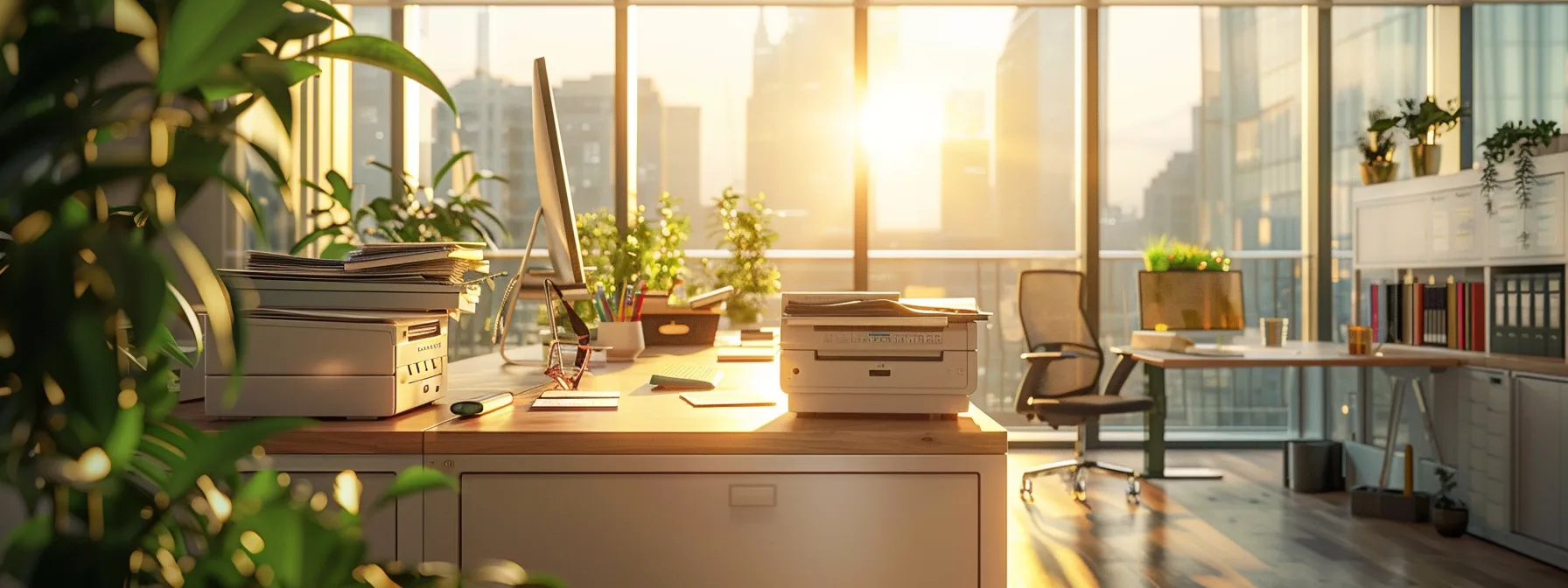 a sleek, modern office setting showcases a professional accountant surrounded by various cheque printing options, emphasizing the themes of efficiency, compatibility, and customer support in financial processes, with warm natural lighting filtering through large windows.