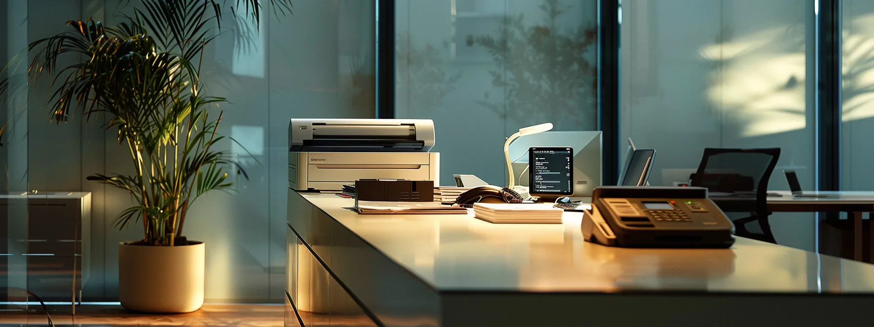 a sleek, modern office space showcases a highly secure cheque printing workstation, illuminated by soft, ambient light that highlights advanced printing technology and security features, conveying a sense of professionalism and trust.