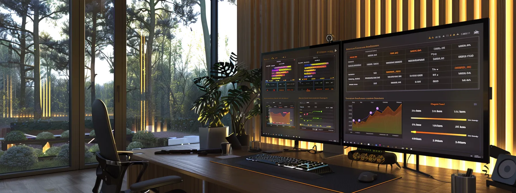 a sleek, modern office workspace features a computer screen displaying a vibrant digital dashboard tracking cheque orders, highlighted by soft natural light streaming through large windows, symbolizing efficient business management and organization.