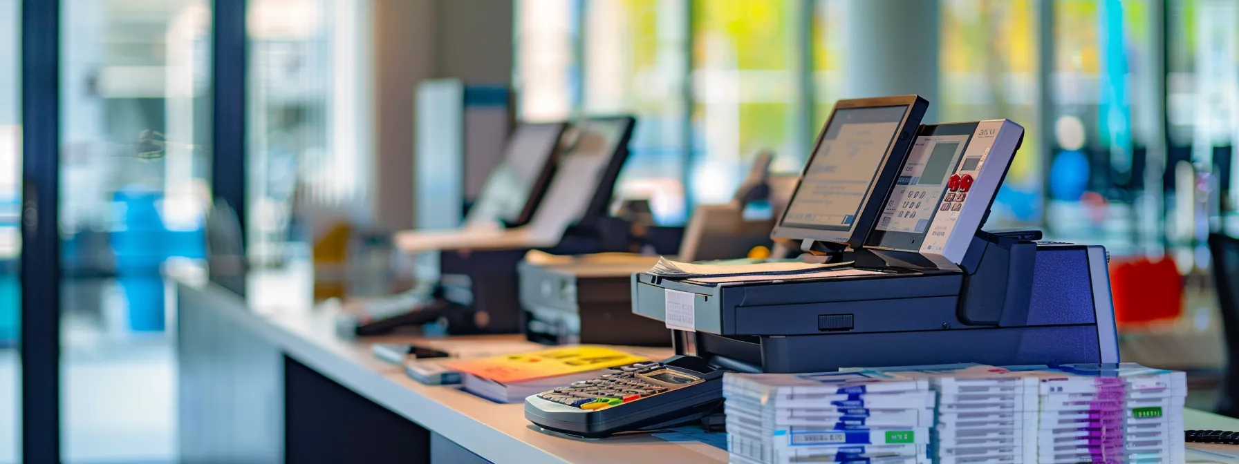 a sleek, modern office workspace showcases a vibrant, automated cheque printing machine in action, with freshly printed, professional business cheques neatly stacked in the foreground, highlighting the efficiency and speed of express delivery services in financial transactions.