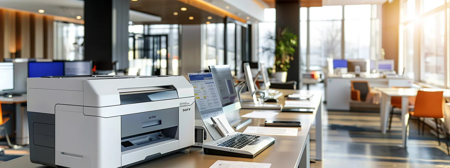 a sleek, modern office workspace features a high-resolution printer producing vibrant, secure business cheques, with a glowing digital display showing real-time order tracking amidst a backdrop of organized paperwork reflecting professionalism.