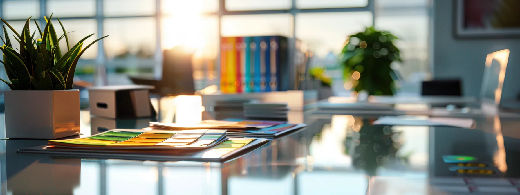a sleek, modern office workspace showcases an array of customizable cheques, elegantly spread out on a polished desk, with an emphasis on vibrant colors and sophisticated designs, illuminated by the soft glow of natural light streaming through a large window.