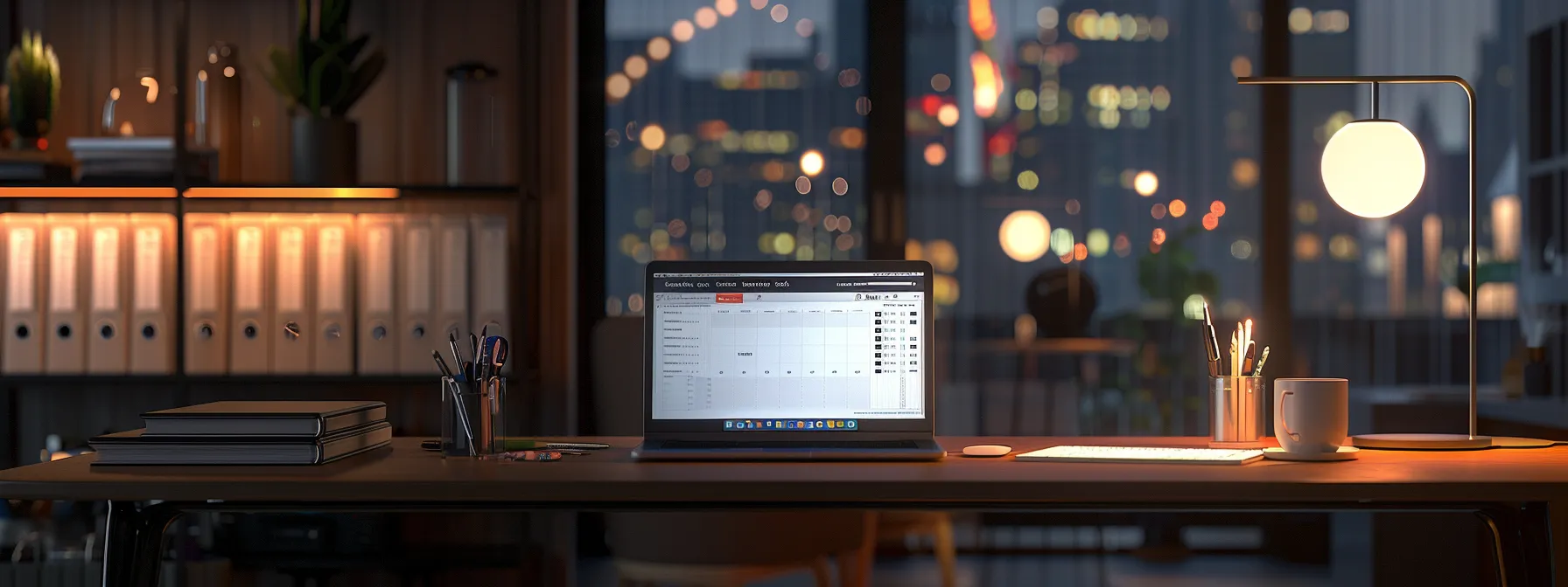 a sleek, modern office workspace features a laptop displaying a secure online cheque ordering interface, surrounded by organized financial documents and a warm, inviting glow from a desk lamp, symbolizing efficient and secure business transactions.