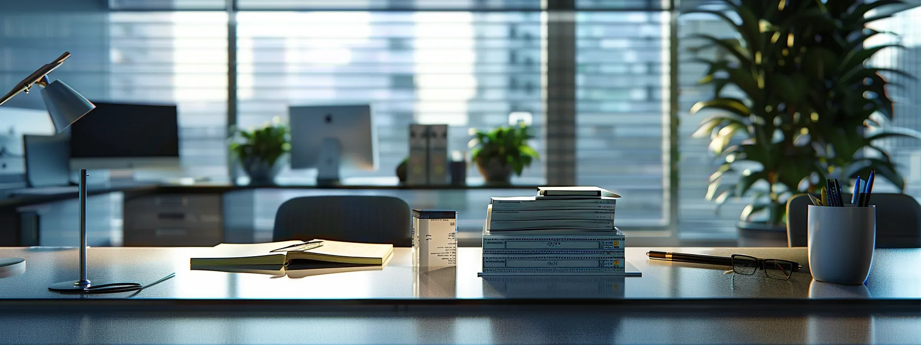 a sleek, modern office workspace is illuminated by soft, natural light, showcasing an organized desk adorned with neatly stacked business and personal cheques, symbolizing efficient cheque order management solutions in a corporate environment.