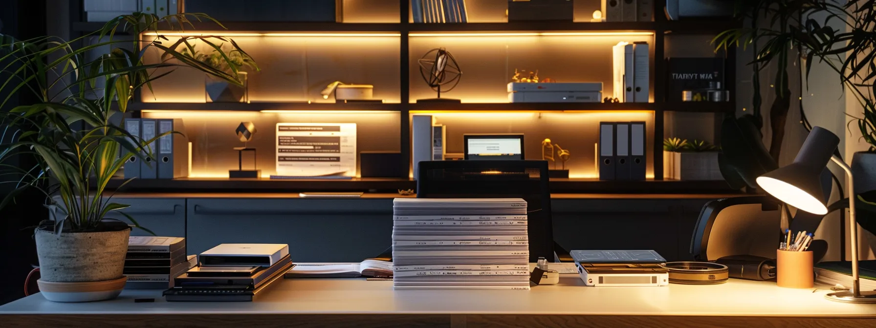 a sleek, modern workspace features a pristine desk adorned with a neatly printed stack of customizable business cheques, illuminated by warm ambient lighting that conveys a sense of efficiency and professionalism.