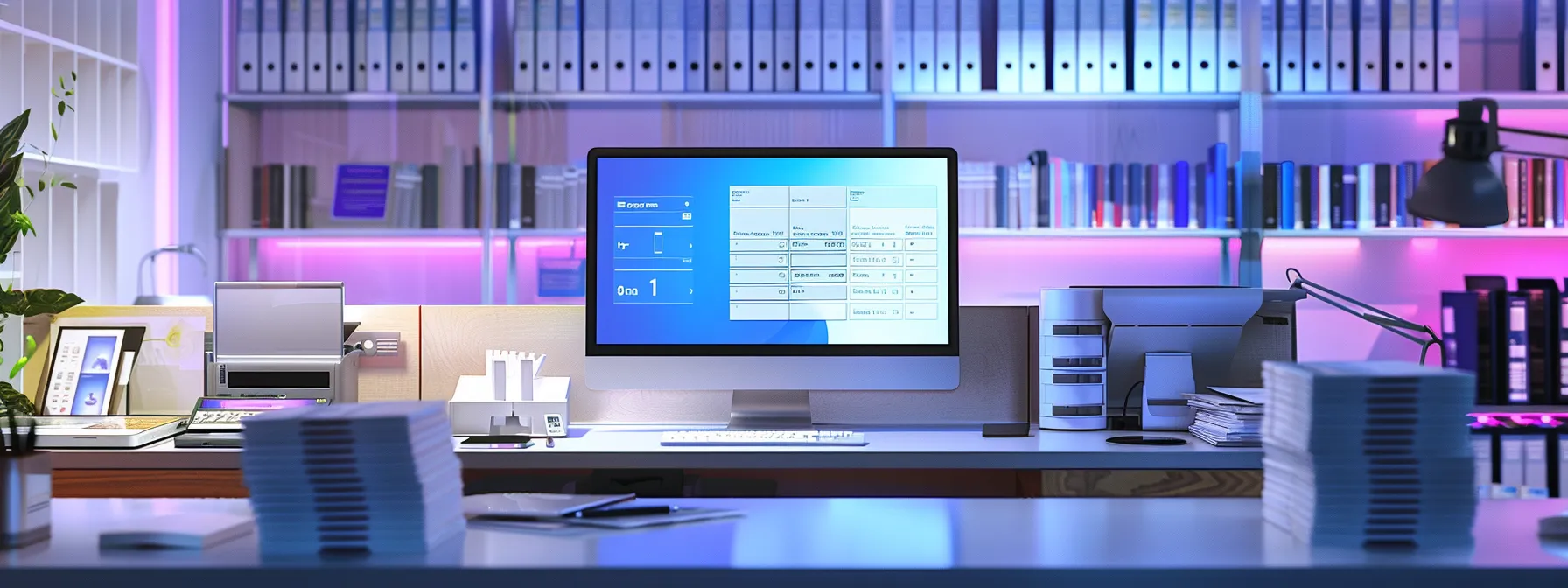 a sleek, modern workspace featuring a prominently displayed digital screen showcasing secure online cheque orders, surrounded by organized stacks of business and personal cheques in a vibrant, well-lit environment.