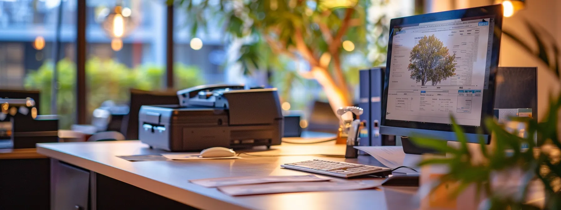 a sleek, modern workspace showcases a vibrant array of business and personal cheques, highlighting high-quality cheque printing technology through an inviting, professional atmosphere illuminated by soft, natural light.
