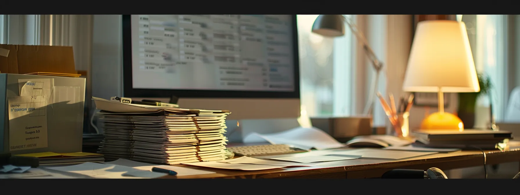 a sleek, organized office workspace showcases a stack of elegant, bulk corporate cheques alongside a polished desktop computer and financial documents, bathed in soft, natural light that emphasizes the efficiency and professionalism of modern business transactions.