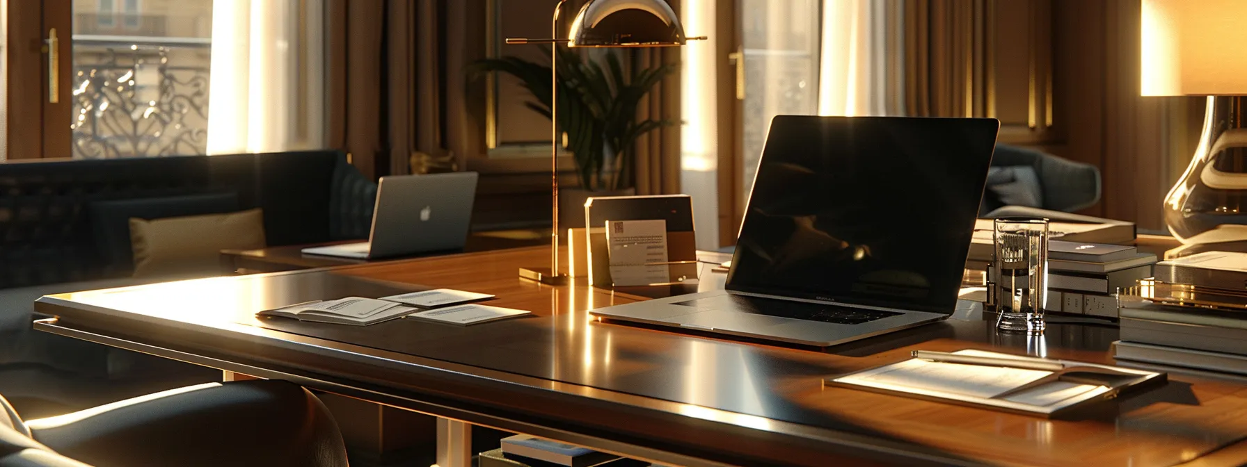 a sleek, polished desk adorned with a laptop and scattered business and personal cheques, illuminated by warm, natural light, captures the essence of modern financial transactions.
