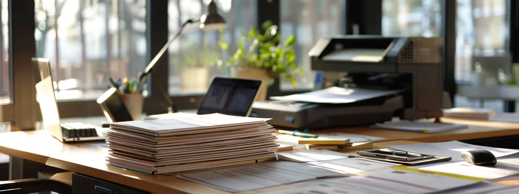 a sleek, professional workspace features a pristine stack of custom printed business cheques alongside a high-quality printer, bathed in natural light, emphasizing the importance of quality and service in financial transactions.