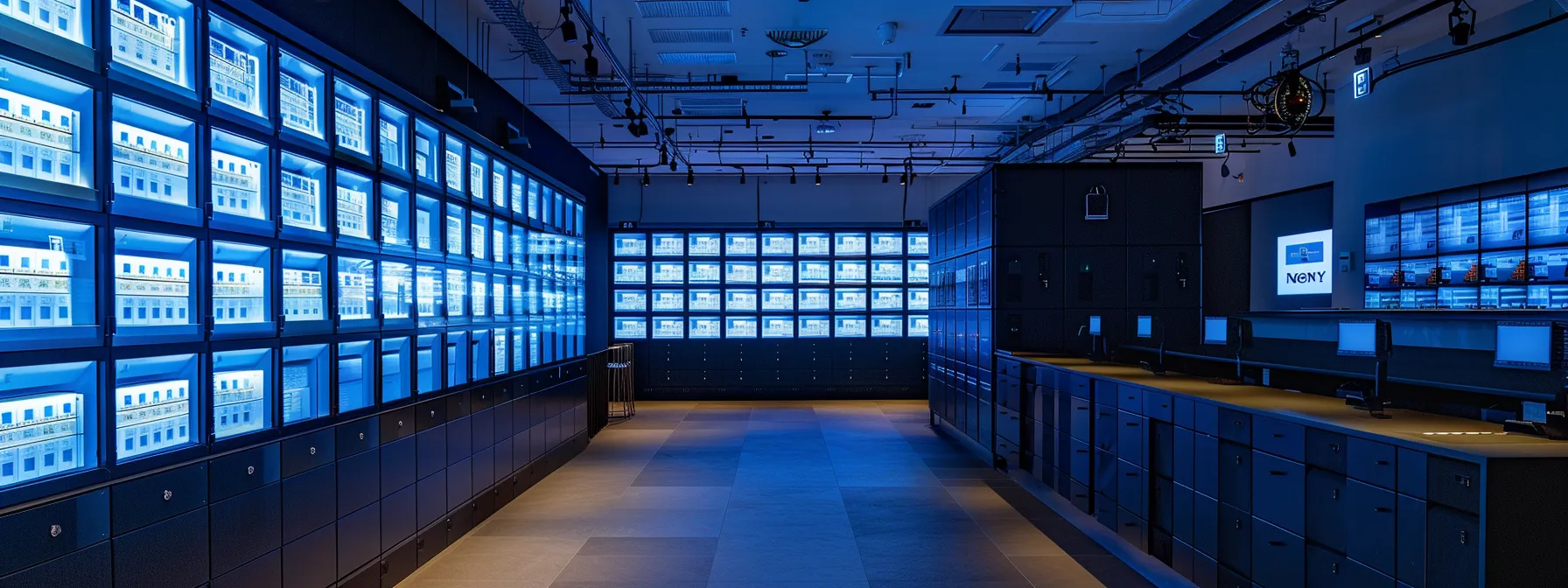 a sleek, secure storage room filled with digital screens displaying encrypted financial data, surrounded by gleaming locked cabinets symbolizing robust security measures for managing business and personal cheques.