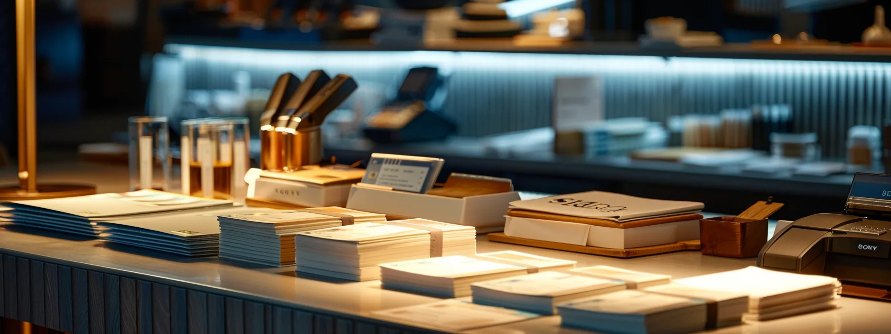 a sleek table displays an assortment of business and personal cheques alongside modern payment devices, illuminated by soft, ambient lighting that emphasizes the contrast between traditional and digital payment methods.