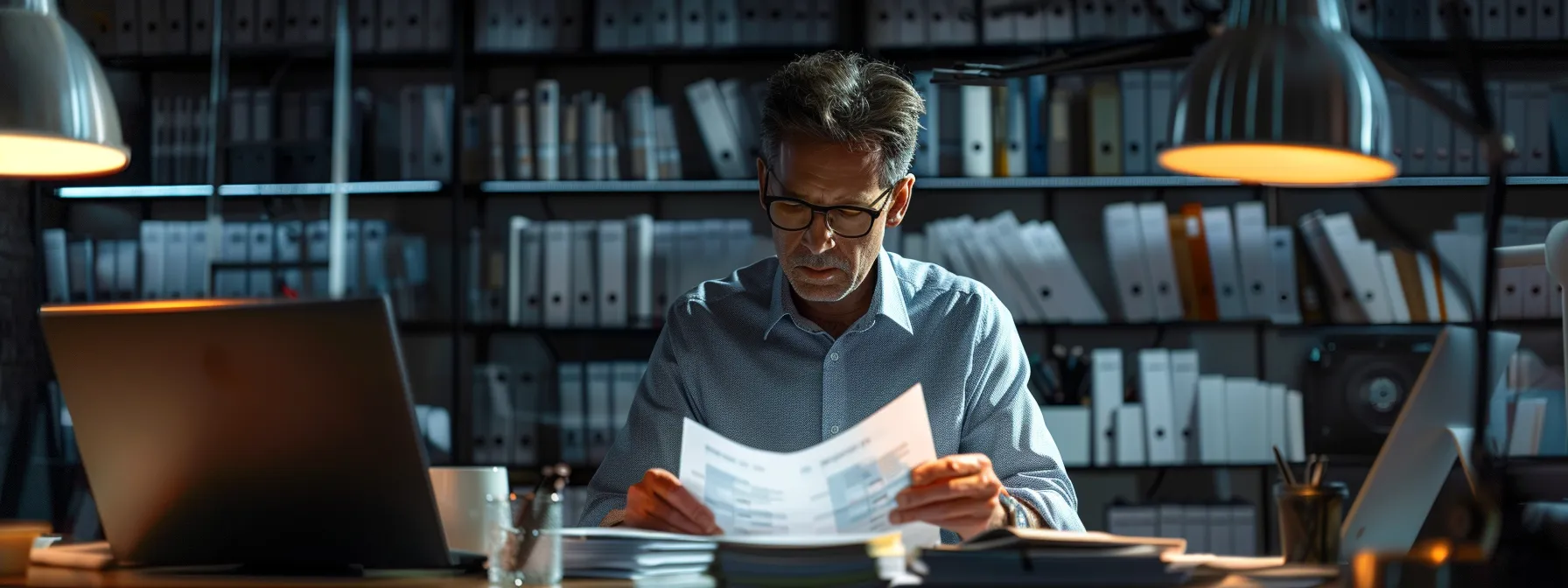a somber office scene captures a worried business owner reviewing a stack of fraudulent cheques under stark overhead lighting, highlighting the urgency and seriousness of check fraud prevention.