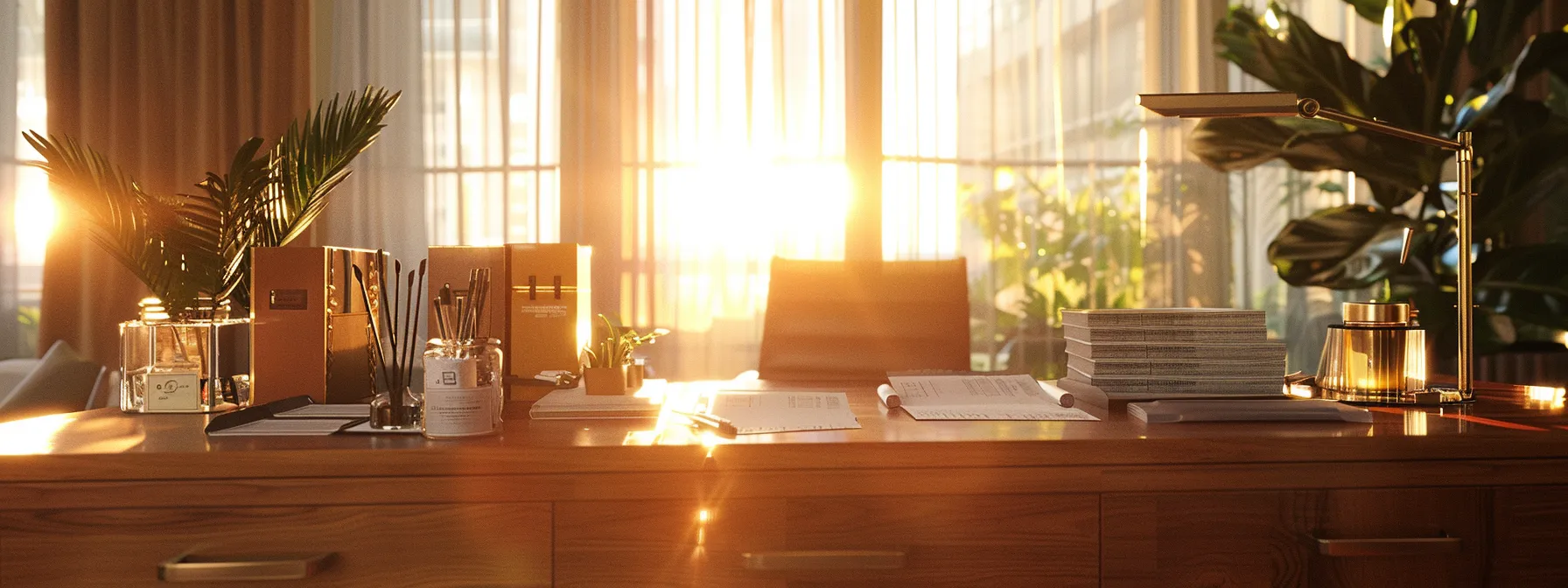 a sophisticated office setting with an elegant, neatly arranged array of business and personal cheques displayed on a polished wooden desk, illuminated by soft natural light streaming through a large window, emphasizing professionalism and style.