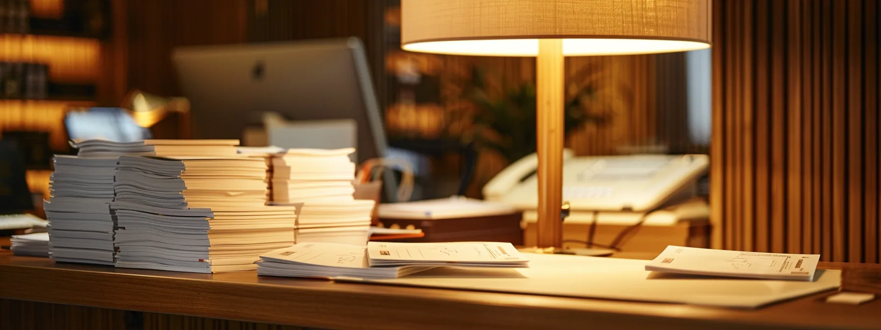 a sophisticated office setting with neatly stacked personalized cheques, illuminated by soft, warm lighting, conveying a sense of professionalism and ease in the banking experience.