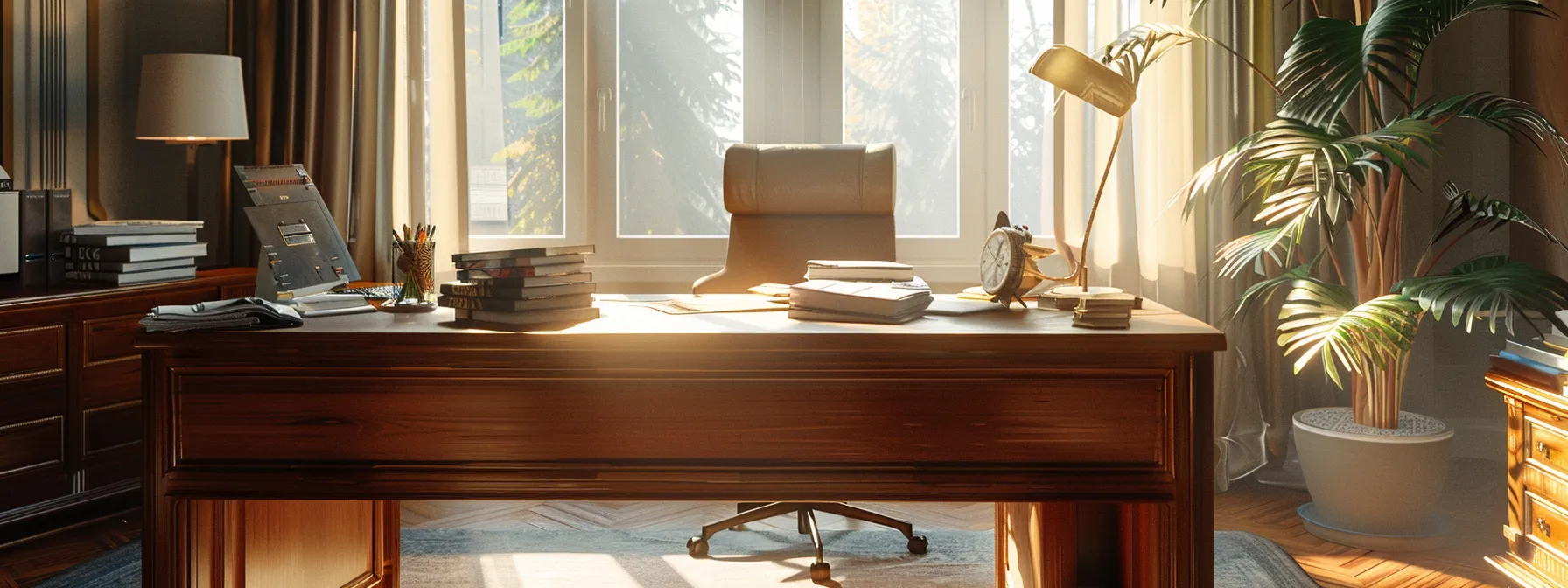 a sophisticated office setup showcases an array of elegant business and personal cheques neatly arranged on a polished wooden desk, illuminated by soft, natural light filtering through a nearby window.