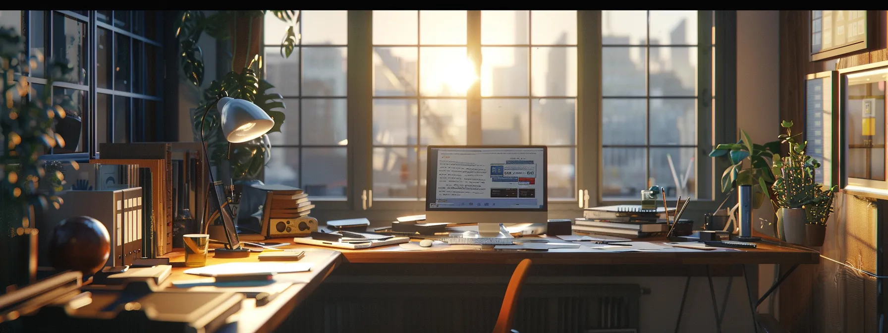 a sophisticated workspace showcases a sleek design toolkit for creating visually striking business and personal cheques, illuminated by soft natural light filtering through a large window.