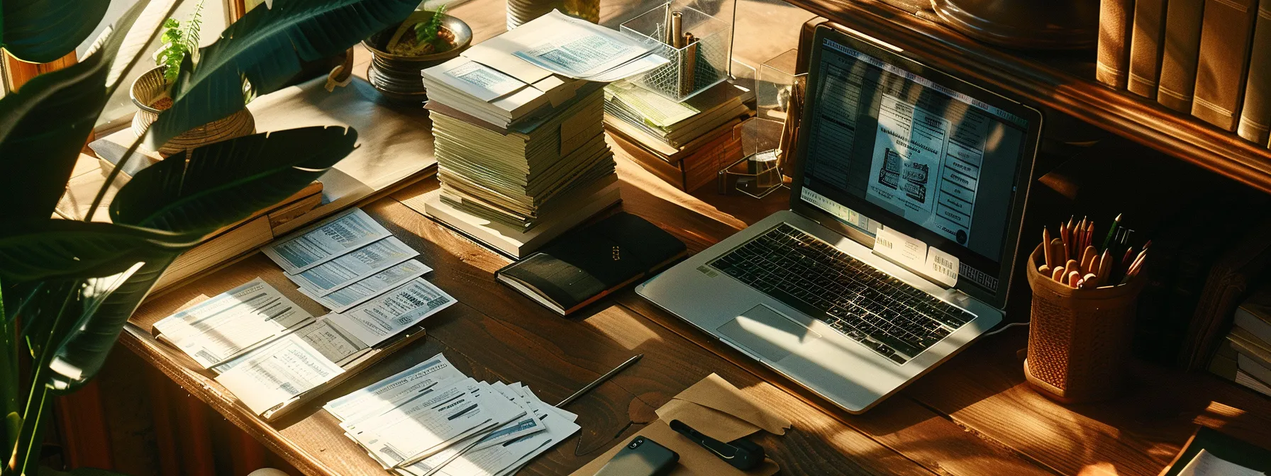 a striking overhead shot of a well-organized office desk, featuring contrasting stacks of business and personal cheques, alongside a sleek laptop displaying a digital cheque printing interface, all bathed in warm, natural light for a professional ambiance.