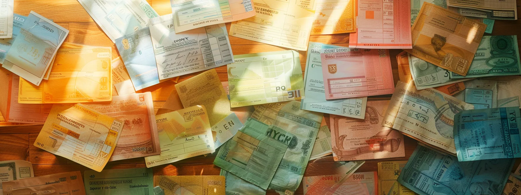 a striking overhead view of a diverse array of colorful business and personal cheques spread across a polished wooden table, illuminated by soft, natural light, capturing the essence of careful financial evaluation and comparison.