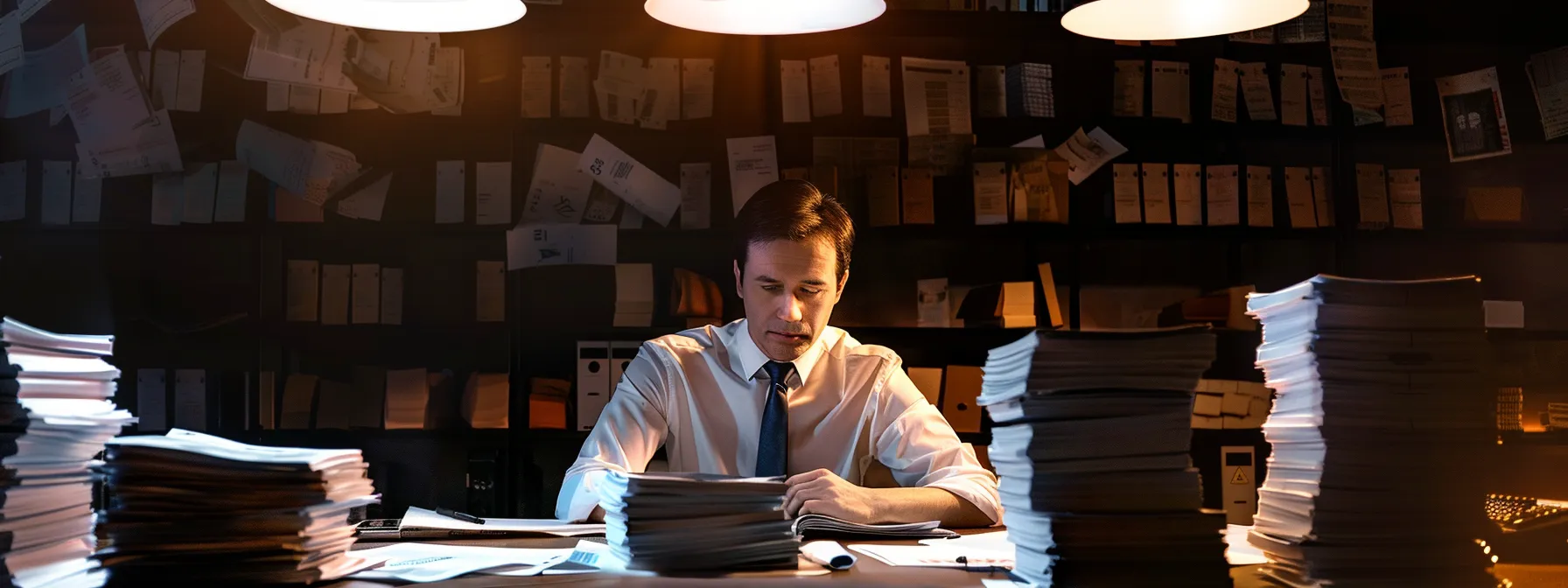 a tense business environment showcases a concerned financial professional surrounded by stacks of counterfeit checks and paperwork, illuminated by harsh overhead lighting, emphasizing the urgency and severity of addressing fraudulent activity.