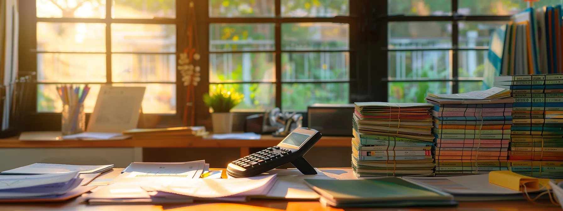a tidy office workspace features a neatly arranged stack of colorful cheques, a calculator, and invoices, illuminated by soft natural light filtering through a window, symbolizing the meticulous management of indirect costs in the cheque ordering process.