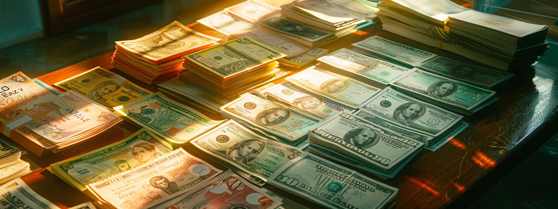 a vibrant and dynamic composition displays a variety of money orders and cheques laid out on a sleek wooden desk, illuminated by soft, natural light that highlights their distinct features and textures, symbolizing the diverse acceptance criteria across different venues.