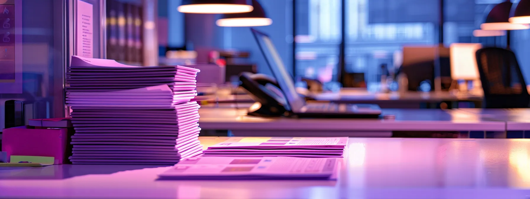 a vibrant and modern workspace showcases a pristine stack of customized violet-colored business cheques, illuminated by soft natural light, emphasizing the efficiency and professionalism of local cheque printing services.