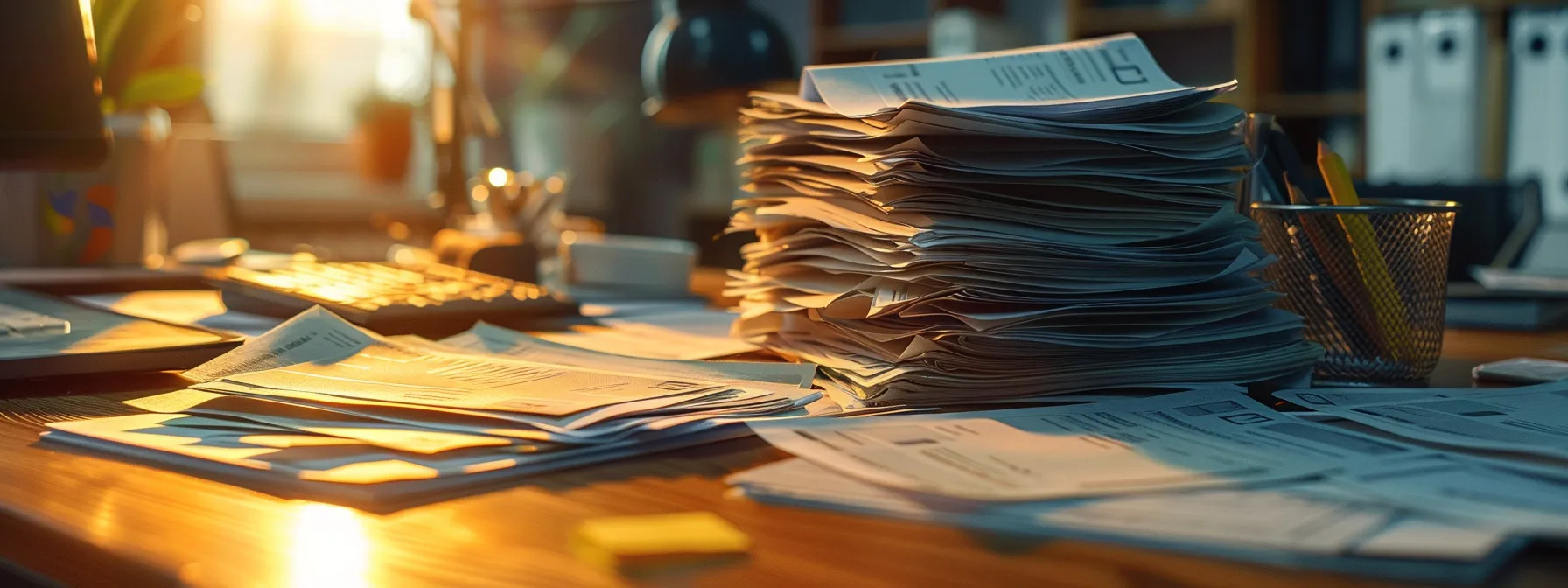 a vibrant and organized workspace showcases a neatly arranged stack of personal and business cheques, each distinctly designed, illuminated by soft natural light that highlights their unique features and emphasizes their importance in financial transactions.