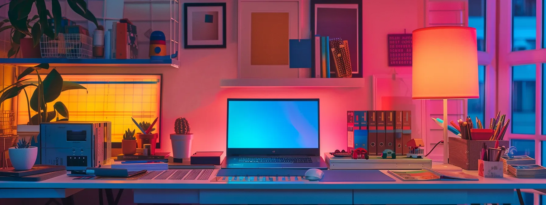 a vibrant and organized workspace featuring an array of customizable business and personal cheques displayed alongside a sleek laptop, symbolizing the efficiency and security of online cheque ordering platforms.