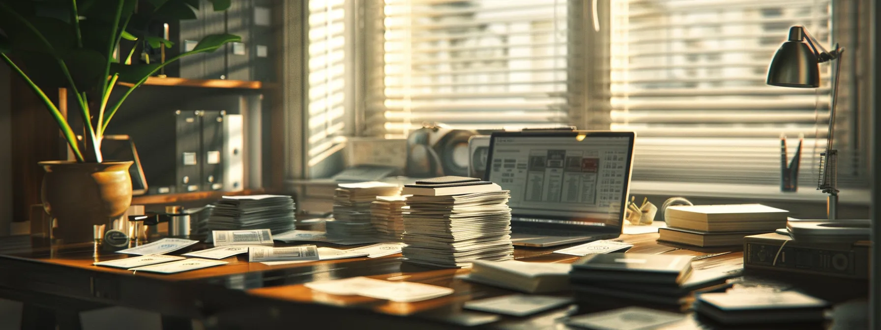 a vibrant and professional workspace showcases a diverse array of business and personal cheques arranged neatly on a polished desk, accompanied by a laptop displaying relevant financial data, all illuminated by soft, natural light filtering through a nearby window.
