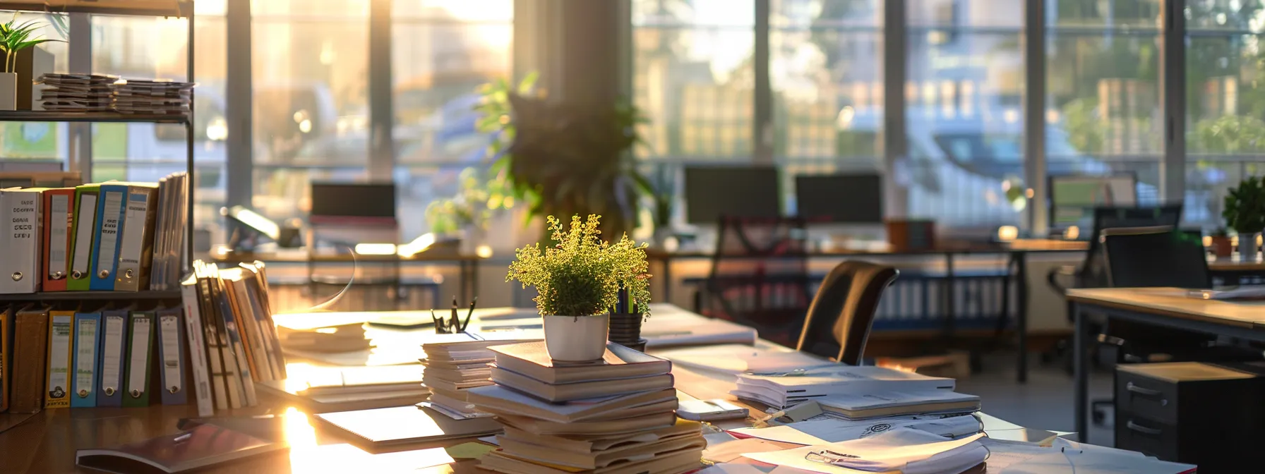 a vibrant, bustling local business office filled with paperwork and organized cheque supplies, illuminated by natural light filtering through large windows, showcasing the efficiency of cheque ordering services in supporting small businesses.