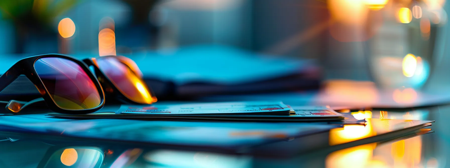 a vibrant, close-up view of a sleek, professional desk adorned with a stack of neatly arranged business and personal cheques, reflecting the light against a backdrop of an open financial summary, symbolizing the strategic evaluation of bank fees for cheque orders.