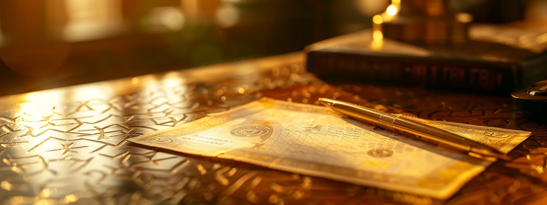 a vibrant, close-up image of a beautifully designed custom cheque resting on a polished wooden desk, surrounded by warm natural light that highlights its unique patterns and personal touches.
