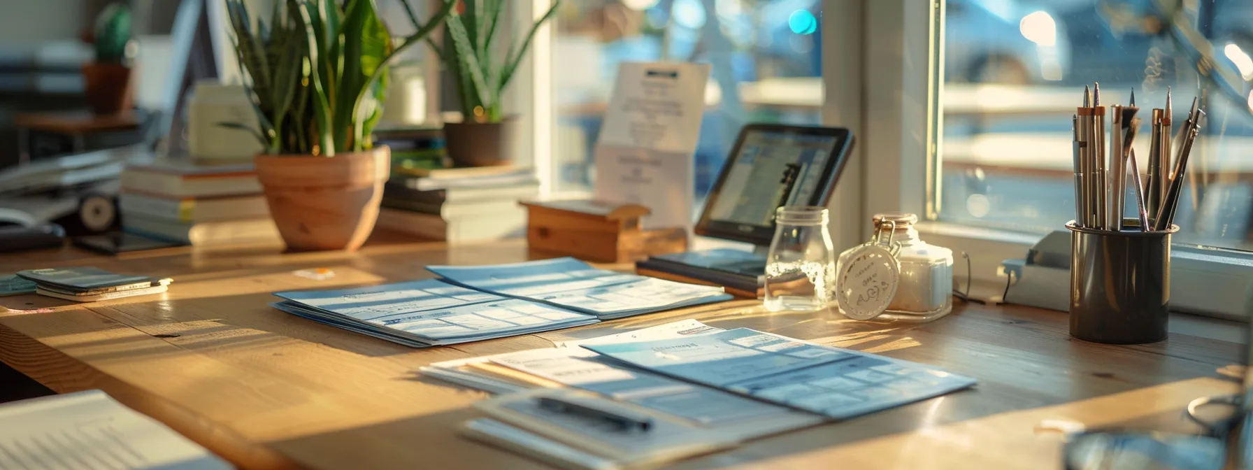 a vibrant display of custom-designed business and personal cheques arranged elegantly on a sleek wooden desk, illuminated by soft natural light, conveying the efficiency and professionalism of local cheque suppliers.