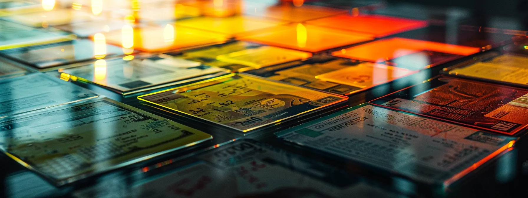 a vibrant display of various printed cheques arranged on a sleek conference table, showcasing intricate watermarks and security features, illuminated by soft ambient lighting to highlight their quality and design.