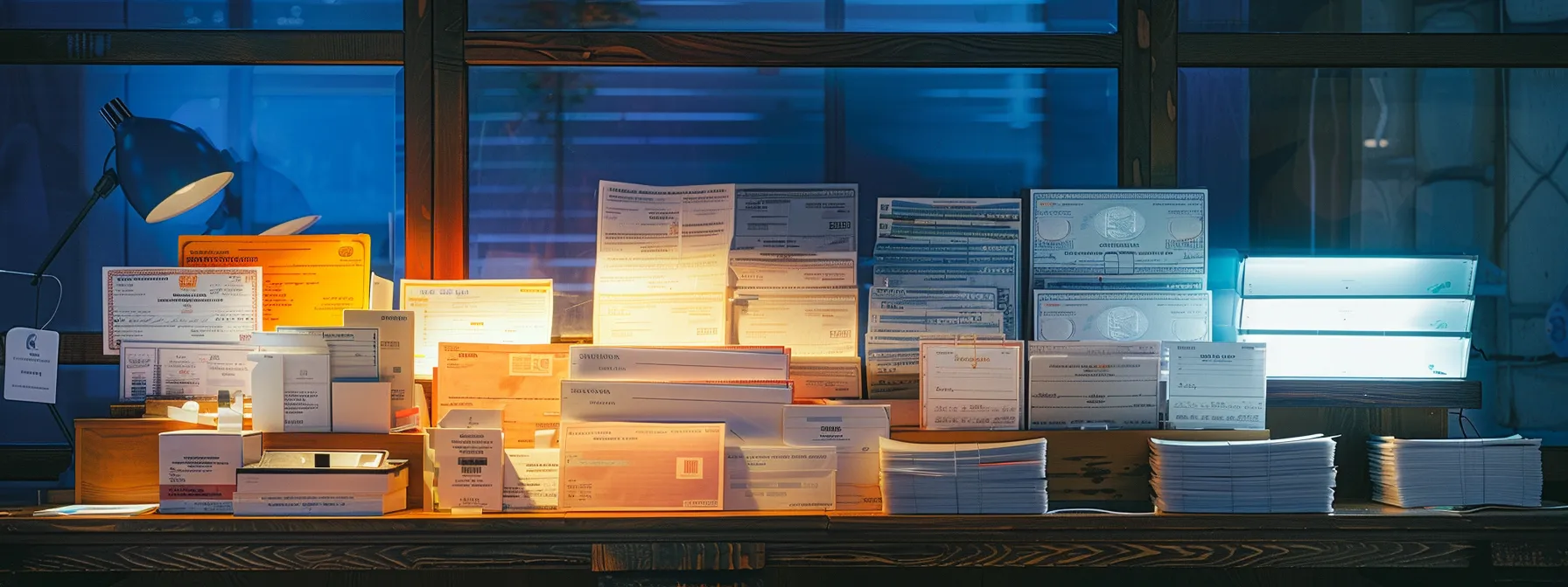 a vibrant display of various types of corporate cheques, including standard, specialty, and electronic options, arranged artistically on a polished wooden desk, highlighting their unique designs and features under soft, ambient lighting.