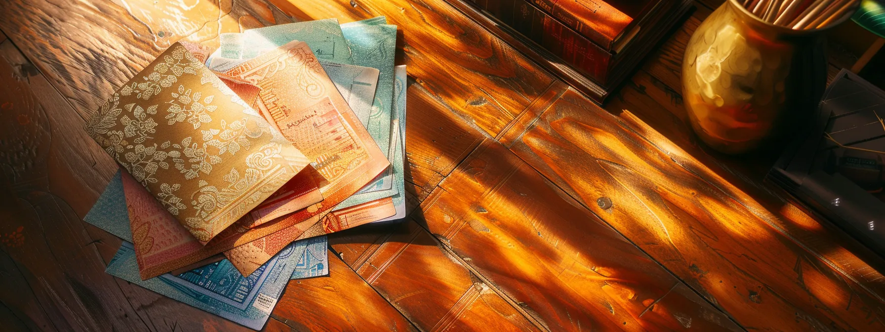 a vibrant flat lay of freshly designed personal cheques, showcasing elegant patterns and rich colors, arranged neatly on a polished wooden desk, illuminated by warm, natural light.