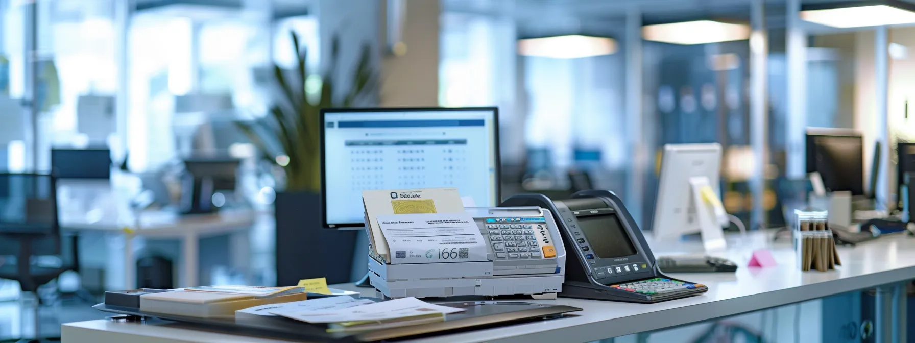 a vibrant office setting showcases a sleek comparison between traditional business cheques and modern digital payment methods, highlighting the contrast between paper and screen with clear visuals of each option in use.
