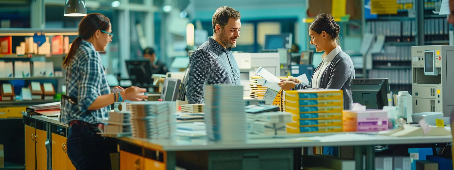 a vibrant, professional office scene captures a diverse group of business people engaged in a discussion, surrounded by stacks of pristine cheques and modern printing equipment, symbolizing the essential role of customer service in the cheque printing industry.