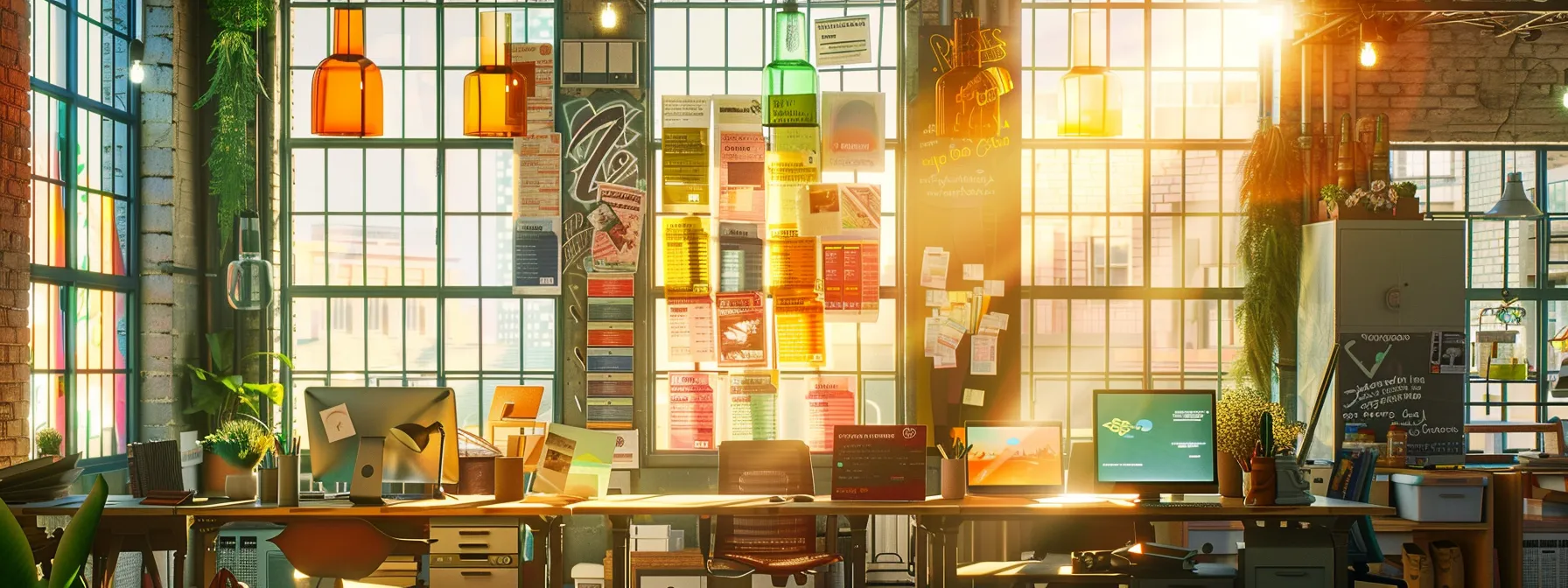 a vibrant scene depicting a bustling office workspace filled with colorful custom printed cheques, showcasing a seasonal promotion banner overhead, illuminated by warm natural light streaming through large windows.