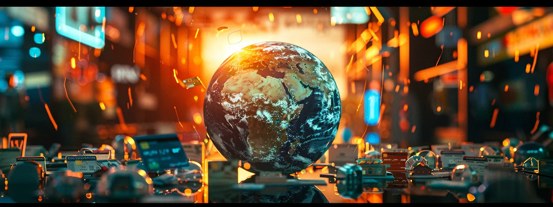 a vibrant scene of a globe surrounded by an array of credit cards, symbolizing the diverse benefits and security they offer to travelers, illuminated by warm sunset lighting to create an inviting atmosphere.