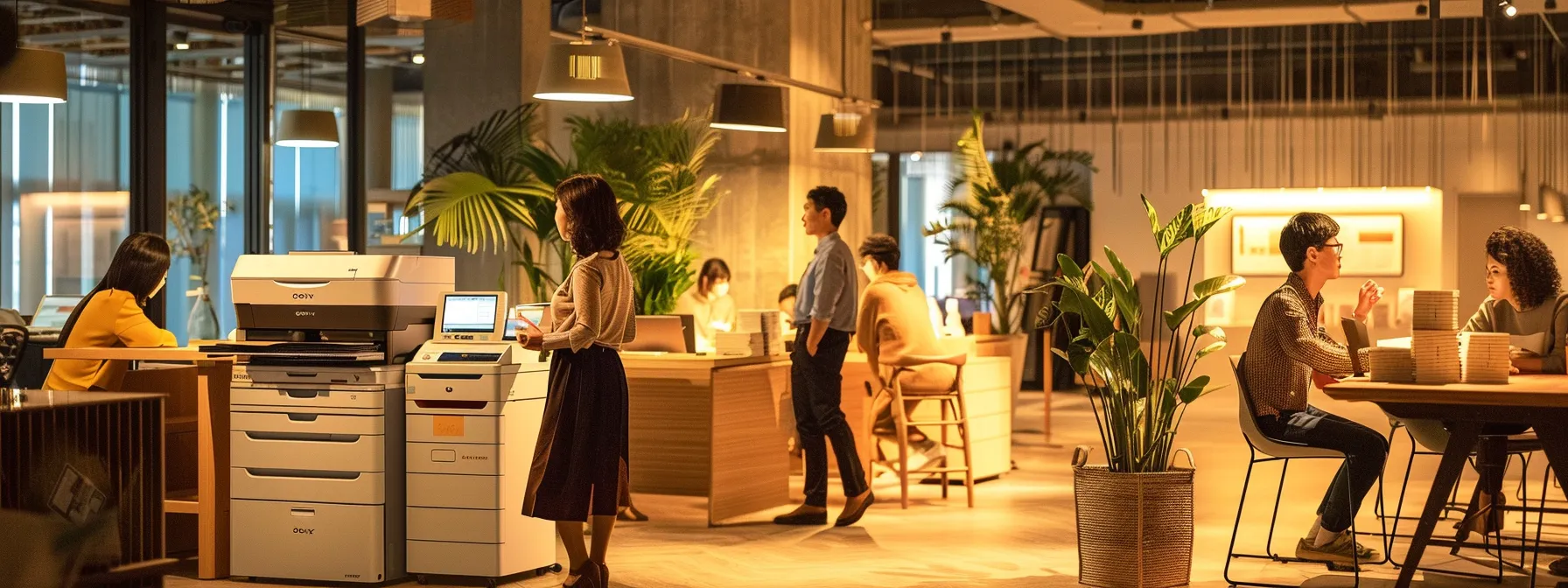 a vibrant urban office interior showcasing a diverse group of professionals discussing affordable cheque printing services, with stacks of elegantly designed cheques and a digital printer prominently featured against a backdrop of modern decor and warm, inviting lighting.