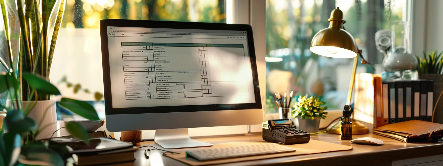 a vibrant, well-organized small business workspace showcases customizable cheque templates on a sleek desk, symbolizing enhanced financial accuracy and operational efficiency under warm, natural lighting.