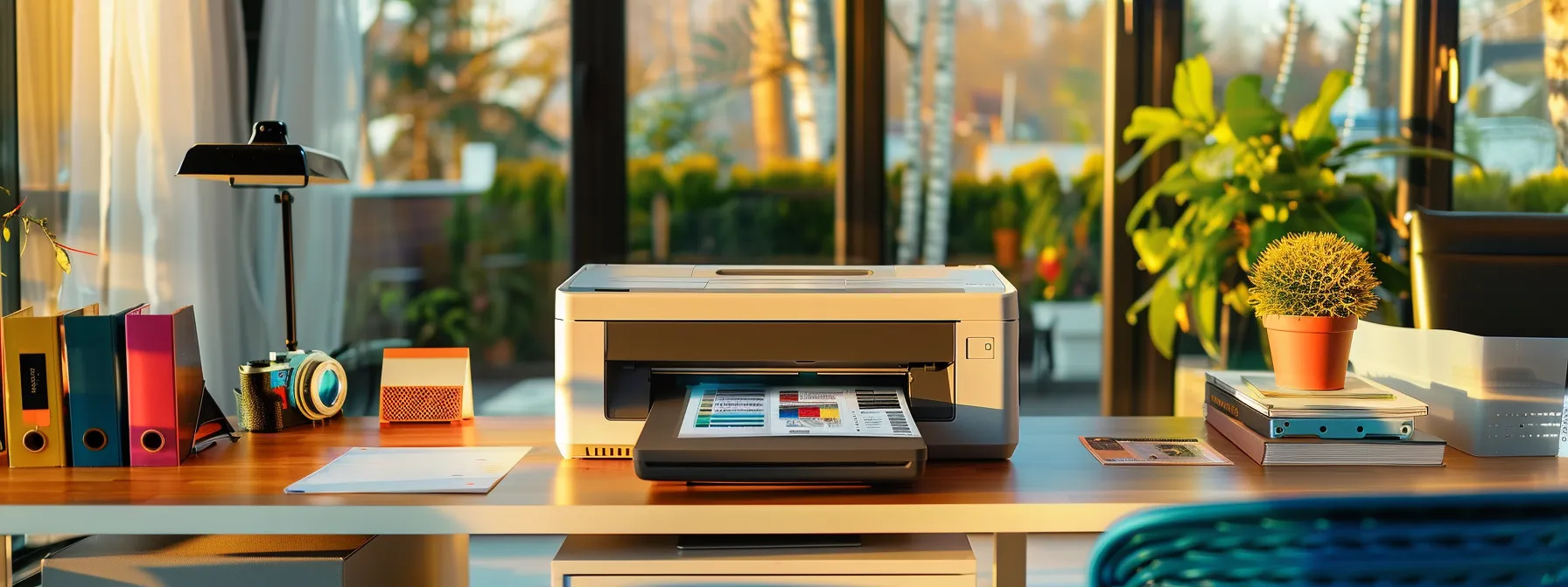a vibrant workspace features a sleek printer spitting out crisp, colorful cheques, symbolizing affordable cheque printing solutions for small businesses.