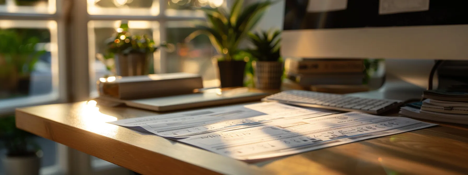 a visually appealing collection of customized business cheques displayed prominently on a polished wooden desk, showcasing vibrant designs and clear layout, with soft natural light highlighting their professional details.