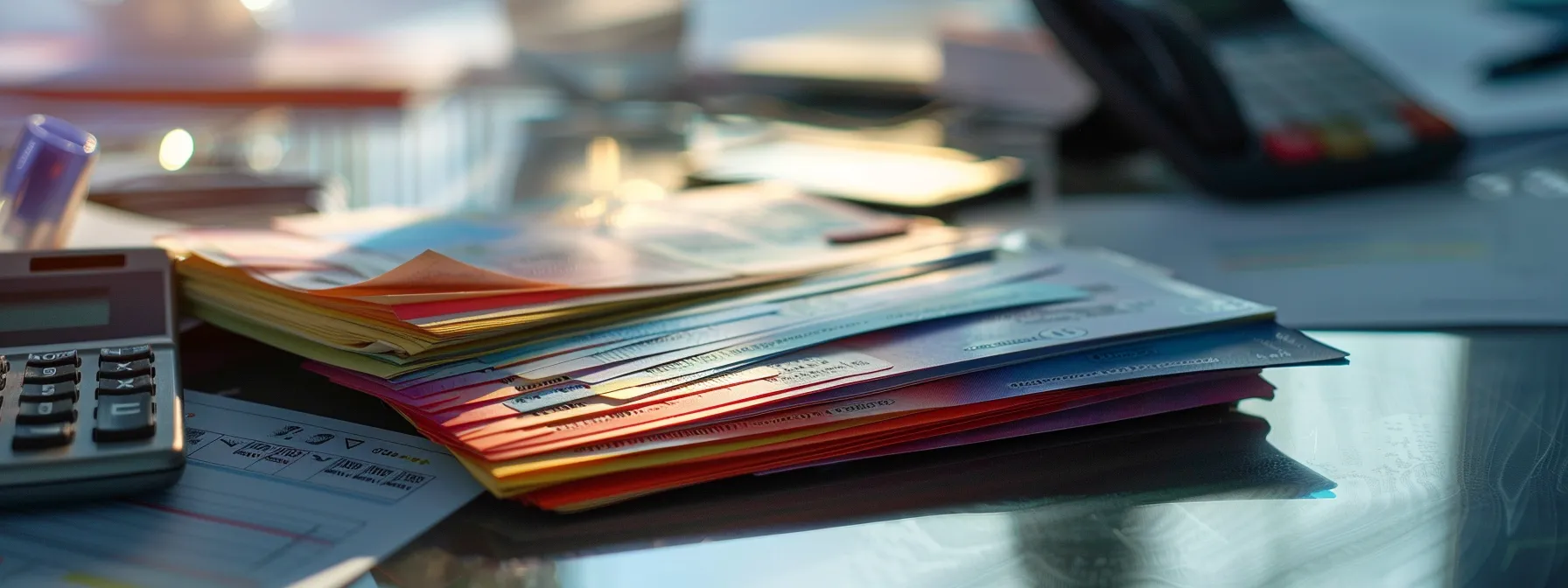 a visually captivating image of a modern, organized office desk featuring a neatly arranged stack of colorful business and personal cheques alongside a transparent calculator, highlighting the concept of managing and understanding cheque ordering fees through soft, natural light.