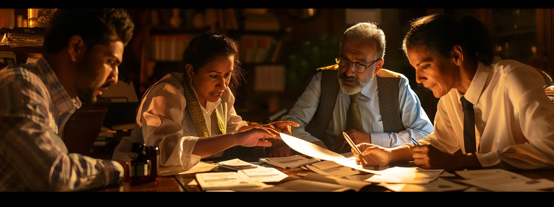 a visually captivating image of a diverse group of small business owners engaged in a focused discussion around a table, surrounded by personalized cheques and financial documents, illuminated by soft, natural light that accentuates their expressions of determination and clarity in avoiding hidden fees.