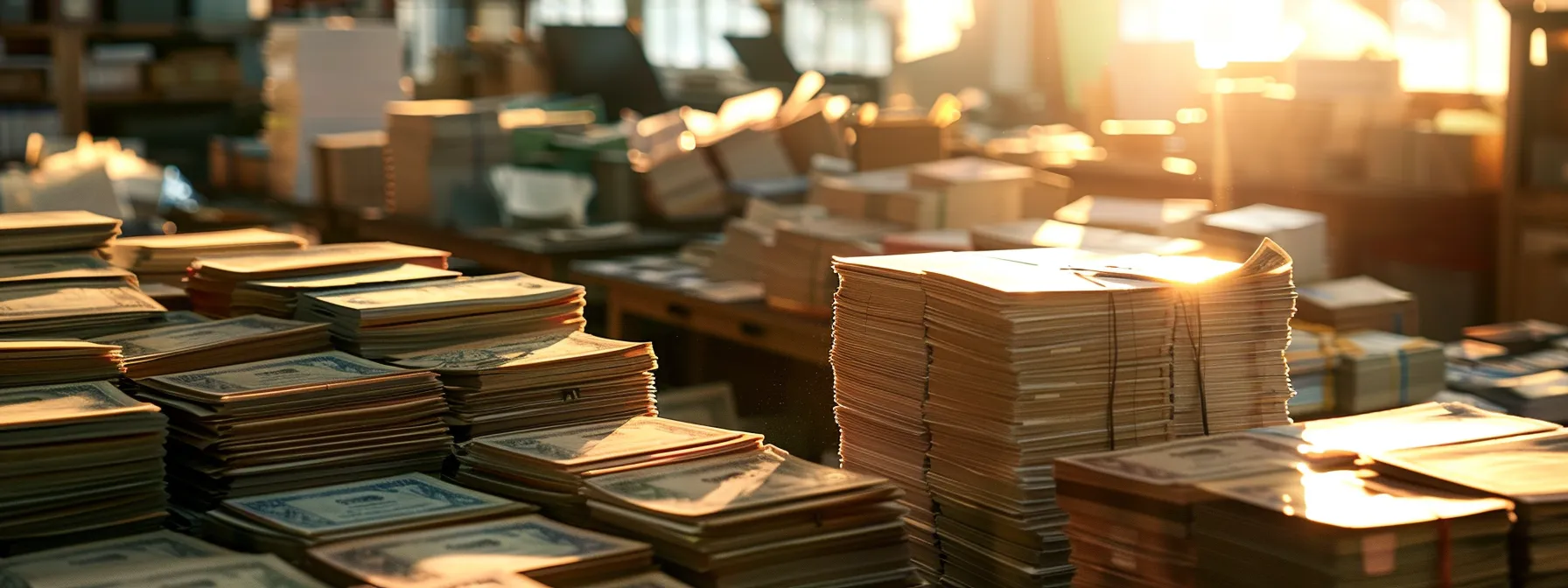 a visually compelling scene of a small business office filled with stacks of neatly arranged business cheques, illuminated by warm, natural light, showcasing a sense of financial success and efficiency.