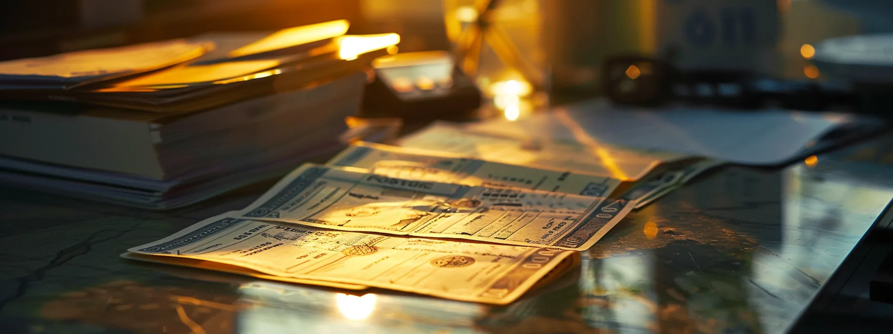 a visually striking arrangement of various types of cheques—business, personal, and manual—laid out on a sleek, polished desk, illuminated by soft, focused lighting to emphasize their distinct designs and textures.